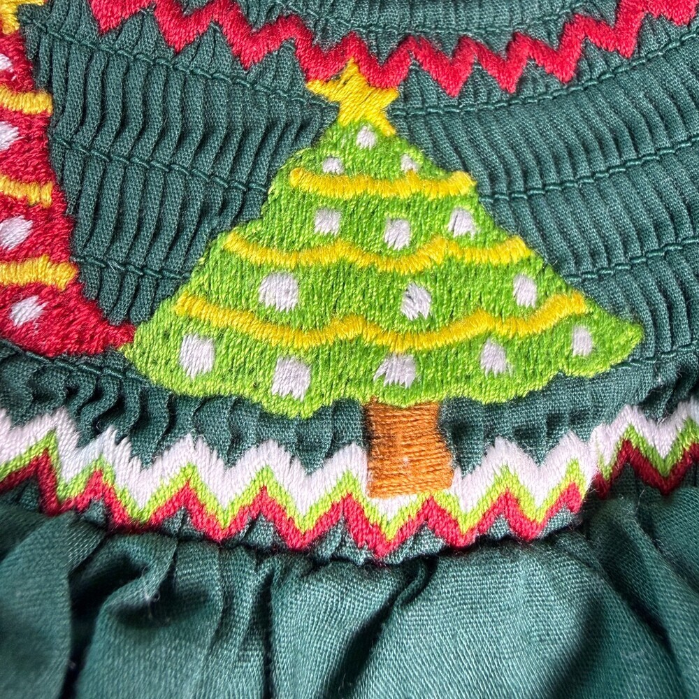 Lil Cactus Smocked Christmas Dress 3-6 Months - Green Corduroy Holiday Trees - Picture 13 of 16